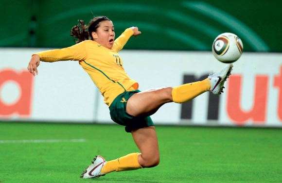 Samantha Kerr flies high during a friendly  against Germany last October.