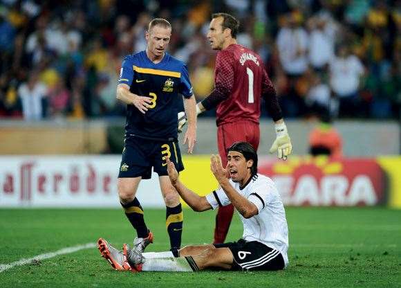 Socceroo#4 Germany’s Sami Khedira felt Moore’s hard-nosed defence at the 2010 World Cup.