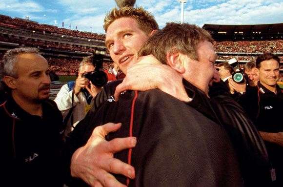 kevinsheedy Sheeds and James Hird celebrate a premiership in 2000
