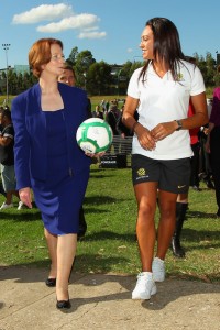 Simon with former Prime Minister Julia Gillard at the launch of the Western Sydney Wanderers | Credit: Getty Images