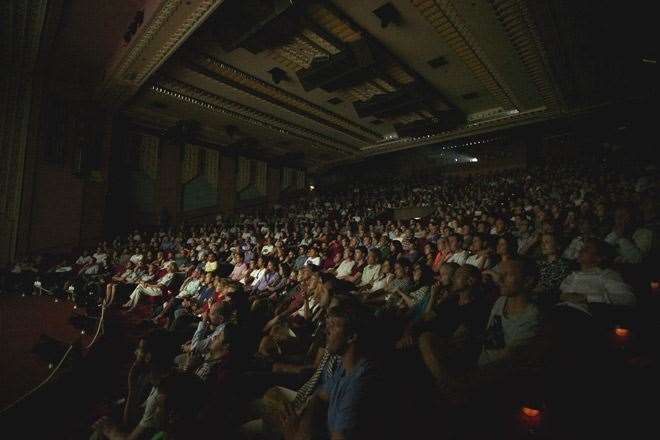 Packed to capacity a sell out crowd sits spellbound during the best surf documentary in living memory. Photo by Blake Ormerod