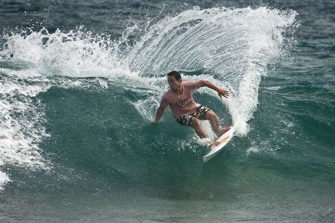 Masatoshi Ohno a veteran and all round nice guy going mad at Pasta Point in the Maldives. Photo by Peter Joli Wilson.