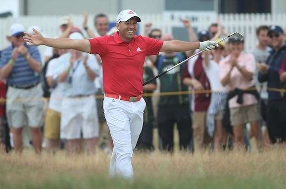 Sergio Garcia celebrates after holing his second shot at the par-4 2nd hole. PHOTO: Getty Images