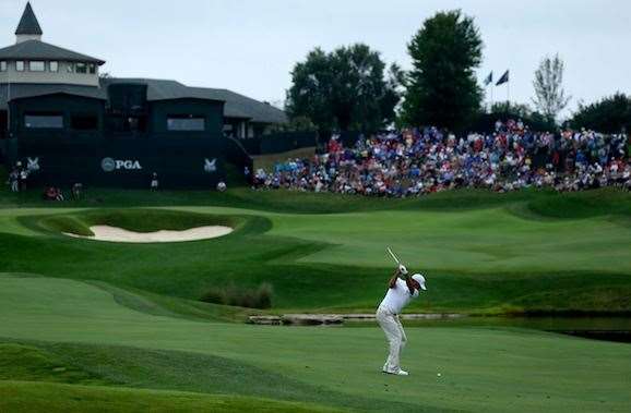 Jason Day fired his second shot into the 18th green during the second round of the PGA Championship. PHOTO: Getty Images