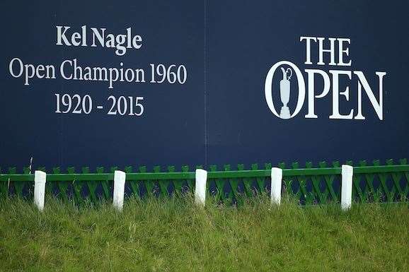 Signage in memory of Kel Nagle behind the 18th green of the Old Course. PHOTO: Andrew Redington/Getty Images.