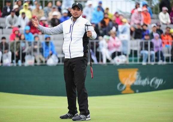 Jason Day shows his frustration after a missed putt during the fourball matches. PHOTO: Harry How/Getty Images.
