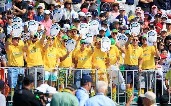Members of the Fanatics cheer for the International Team on the first tee during the Thursday foursomes matches. PHOTO: David Cannon/Getty Images.