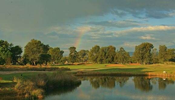 Wetlands dot the layout, such as here at the short 14th hole, and serve dual purposes: as a hazard and for quality irrigation.