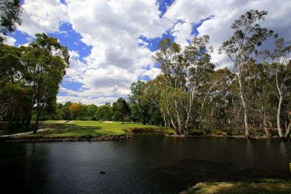 A beautiful billabong separates the tee and fairway at the par-3 4th.