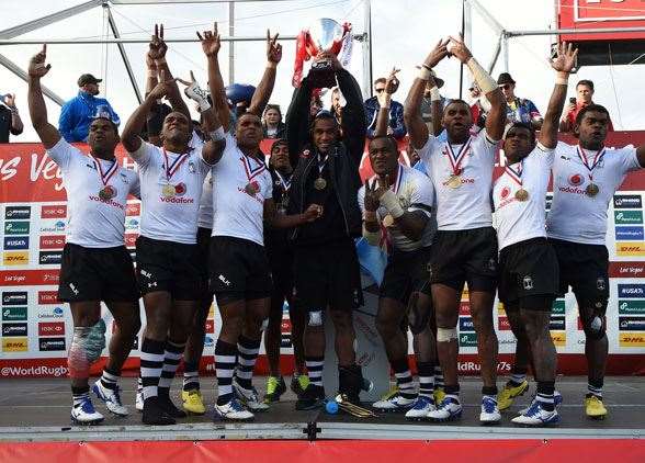 Fiji celebrating their win in Las Vegas. (Photo by Getty Images)