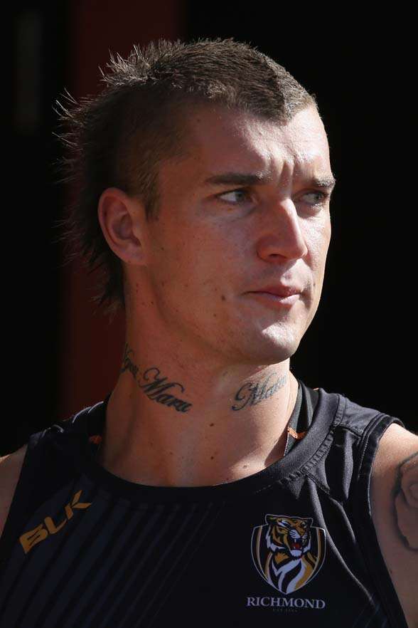 MELBOURNE, AUSTRALIA - DECEMBER 11: Dustin Martin of the Tigers walks out for a Richmond Tigers AFL training session at Punt Road Oval on December 11, 2015 in Melbourne, Australia. POLICE will interview the female victim of Richmond star Martin's restaurant outburst today over claims he threatened to stab her with a chopstick. (Photo by Michael Dodge/Getty Images)