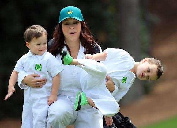 Audrey Leishman with sons Harvey and Oliver during the Par-3 Contest. PHOTO: David Cannon/Getty Images