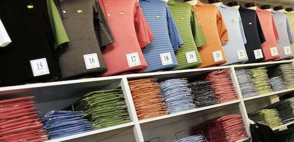 A range of Masters shirts on display in the merchandise pavilion. PHOTO: Jeff Haynes/AFP/Getty Images