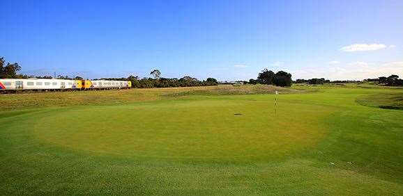 The train to Glenelg cuts through the Royal Adelaide course. PHOTO: Brendan James/Golf Australia magazine