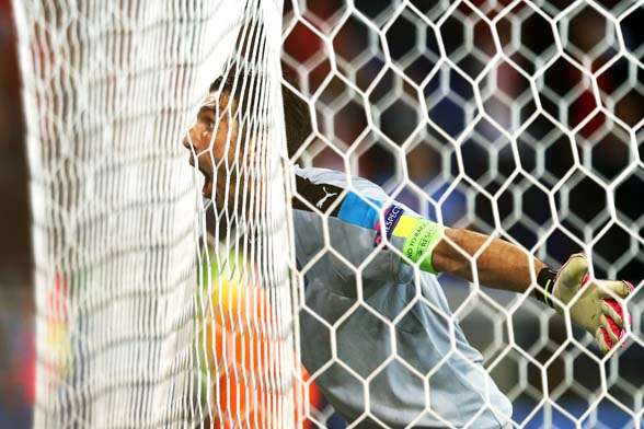 Italian captain Gianluigi Buffon celebrating his side's impressive win. (Photo by Getty Images)