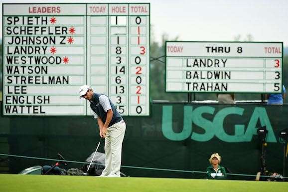 Andrew Landry hits a putt on the 9th green, his only shot on day 2 of the US Open. PHOTO: Ross Kinnaird/Getty Images.