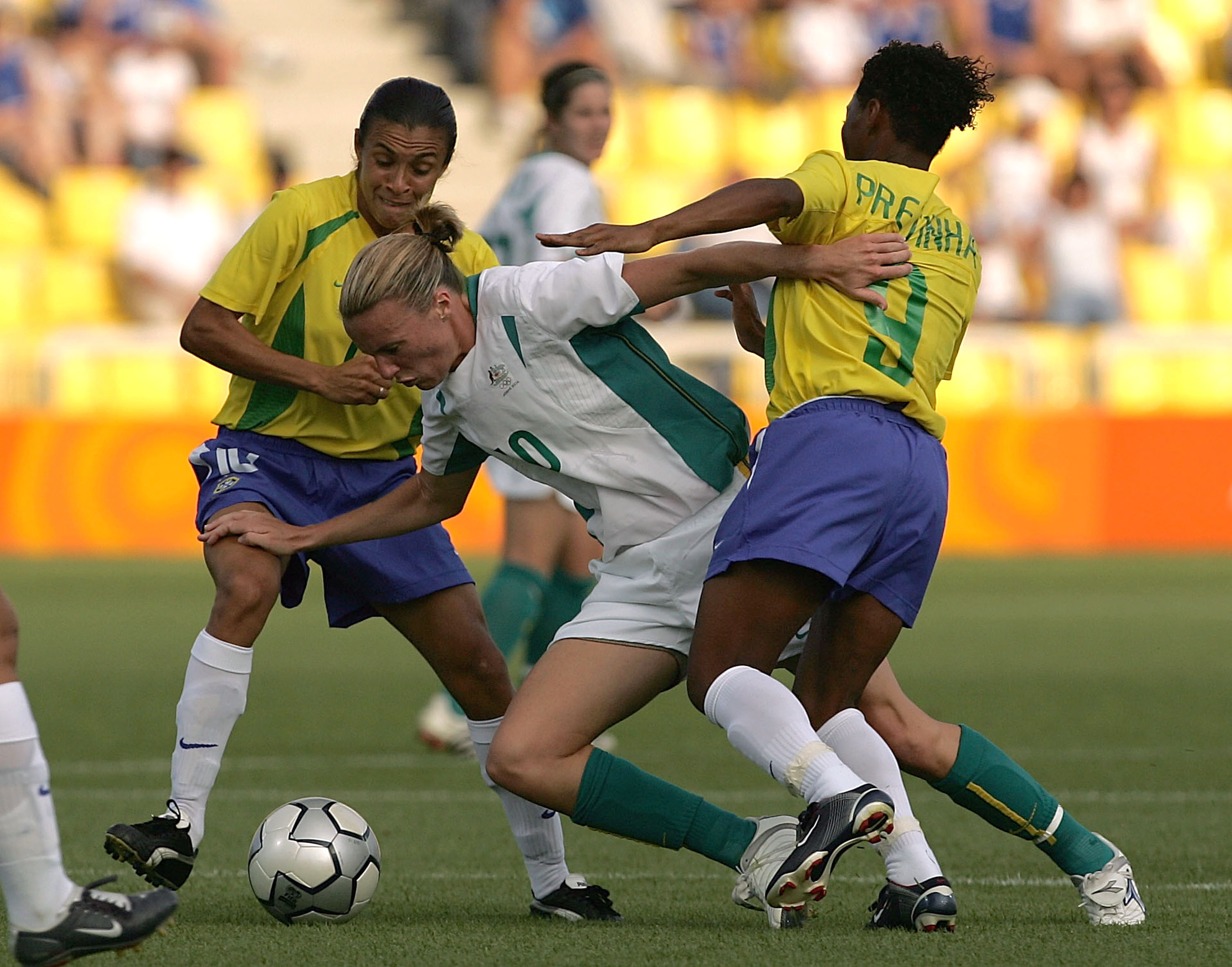 Joanne Peters taking on Brazil at Athens 2004 (Photo by Mark Dadswell/Getty Images)