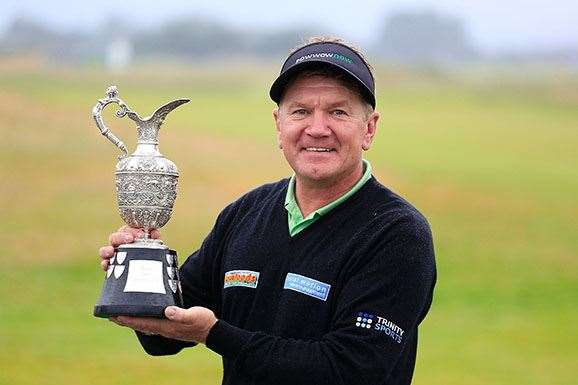 Broadhurst with the trophy and a two-year exemption on the lucrative Champions Tour in the United States. PHOTO: Phil Inglis/Getty Images.