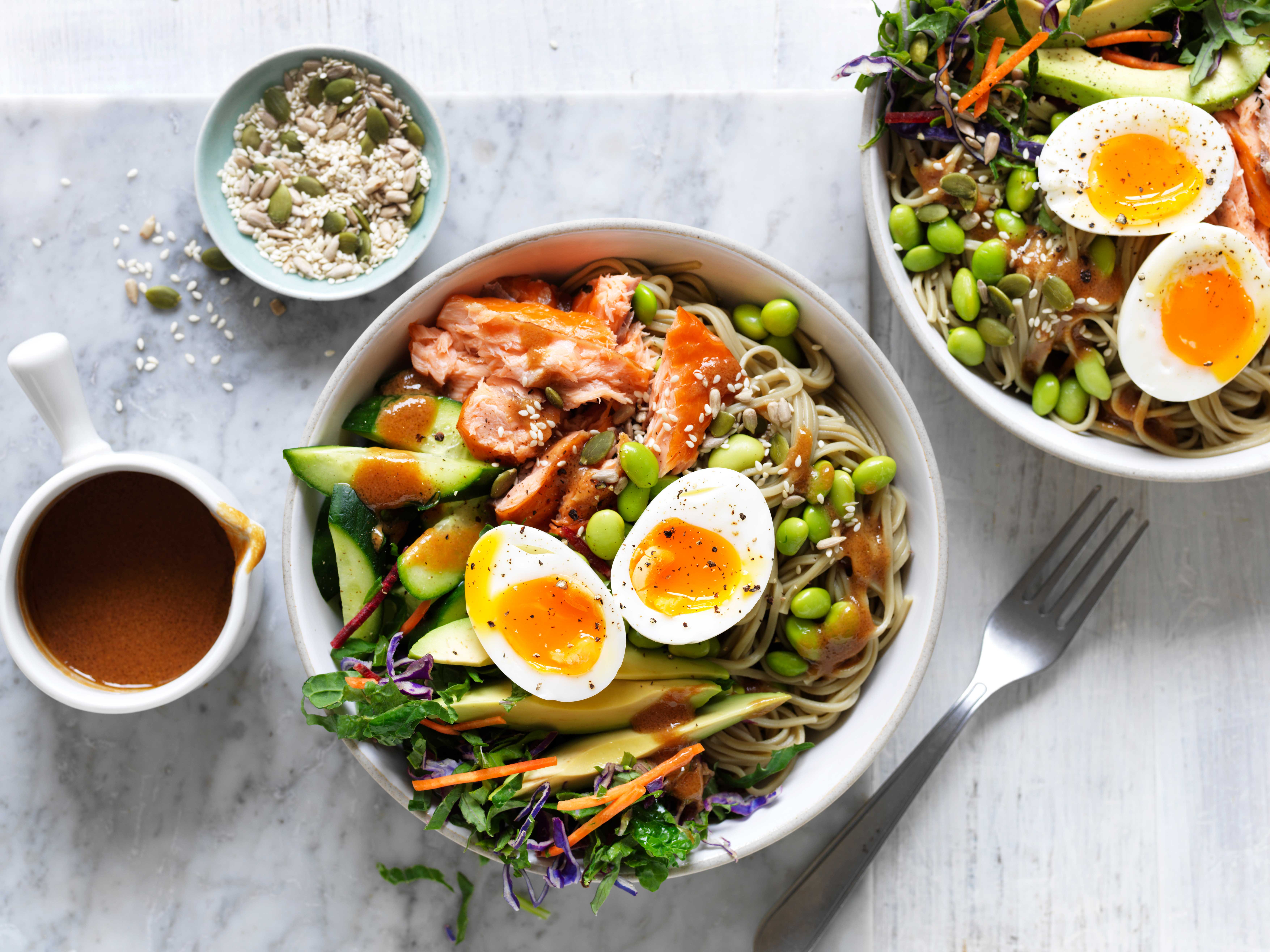 Soba noodle nourish bowl recipe with salmon and miso