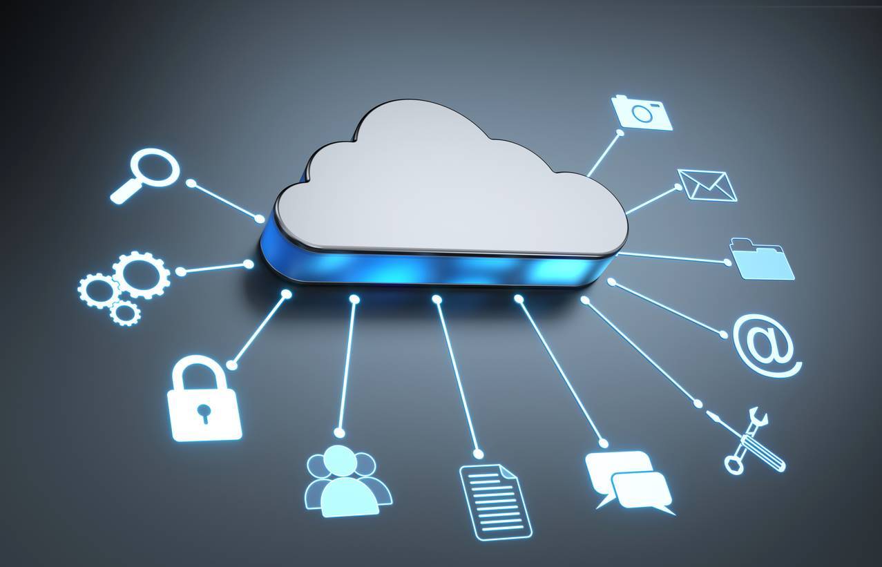  A 3D illustration of a glowing blue and gray cloud with lines extending from it to various blue icons, representing different types of data, symbolizing the future trends of cloud service data responsibility.