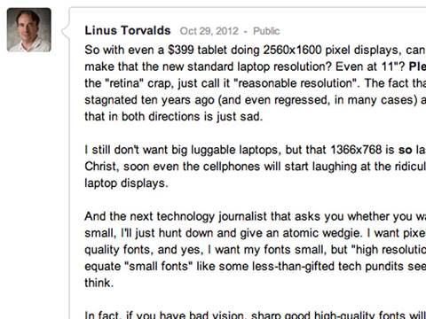Linux creator: make 'retina display' the norm for laptops