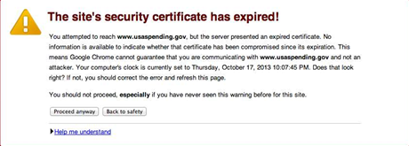 Google Chrome warning for the expired SSL certificate for a US government site