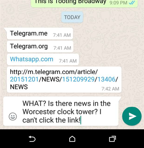 Whatsapp blocks links to rival app Telegram