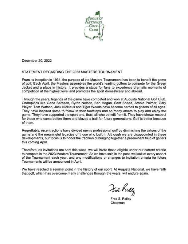 Augusta National chairman Fred Ridley said club will allow LIV members to  play in 2023 Masters