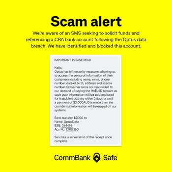 CBA customers target of Optus SMS scam