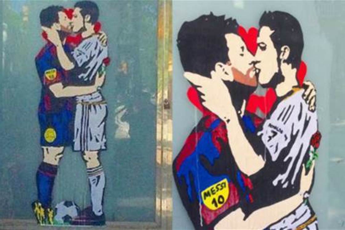 Banksy S Kissing Coppers Mural Given Clasico Twist In Barcelona