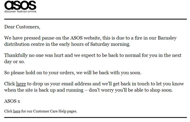 Warehouse fire forces Asos website offline