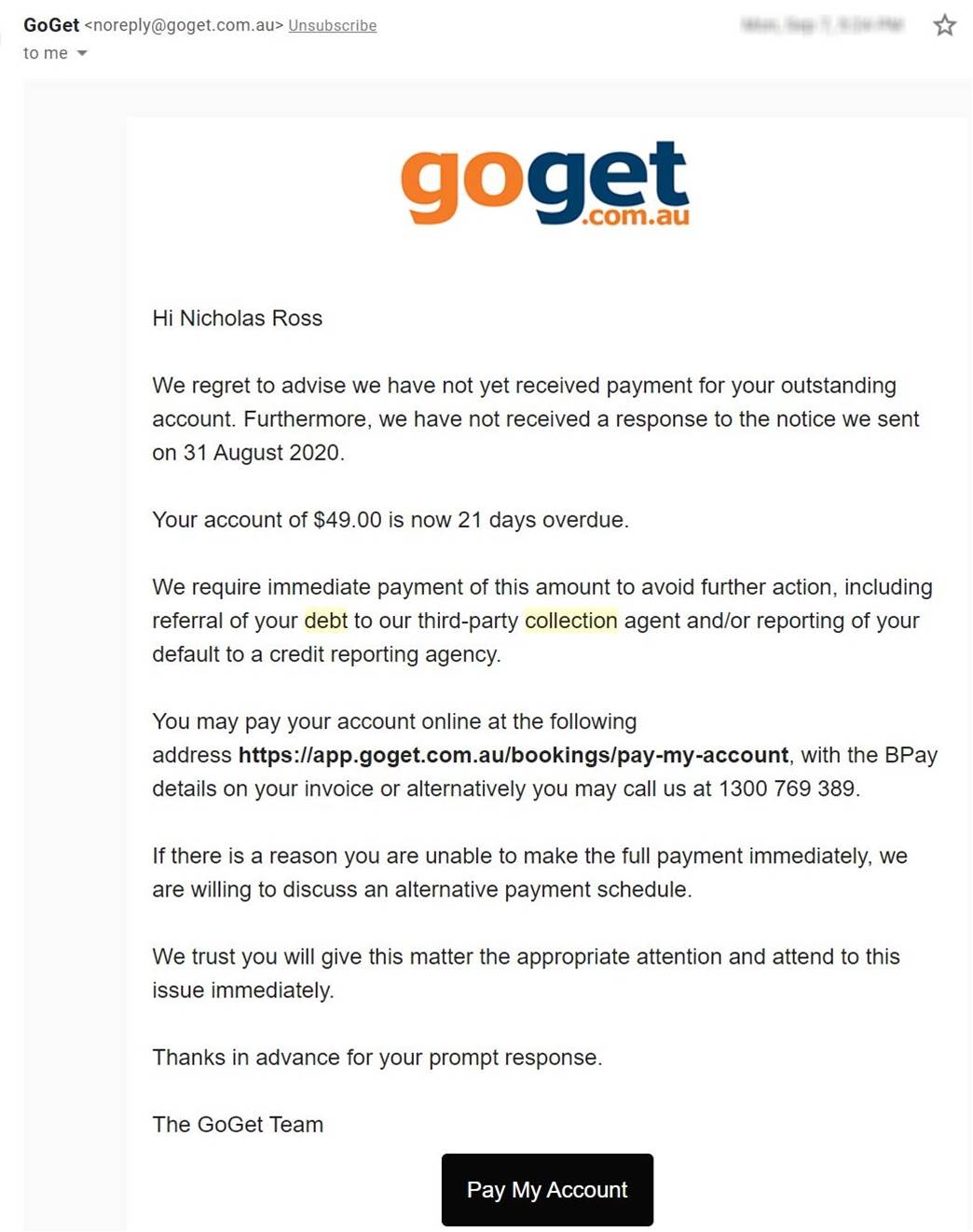 GoGet debt collection threat