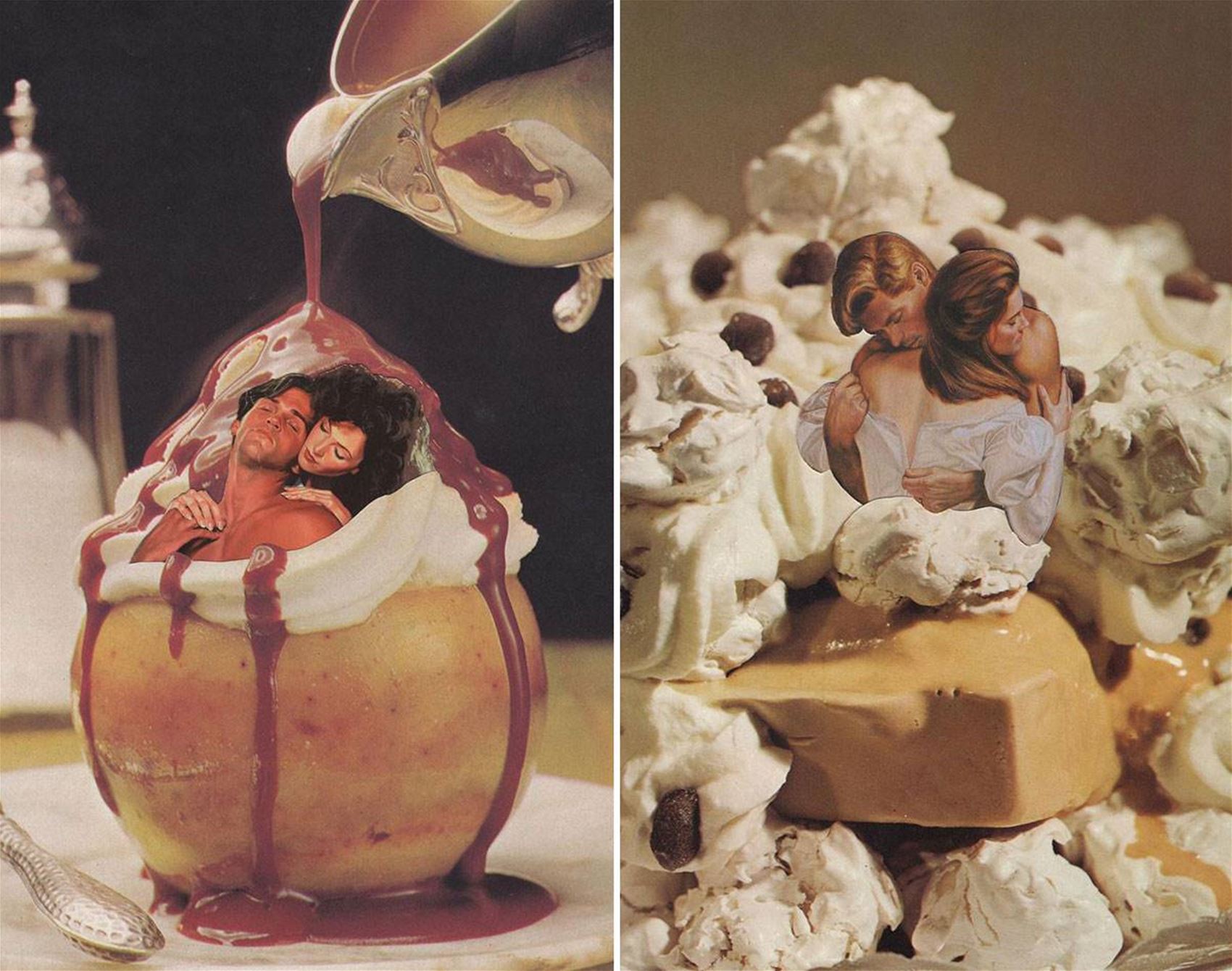 collages made from romance novels and cookbooks