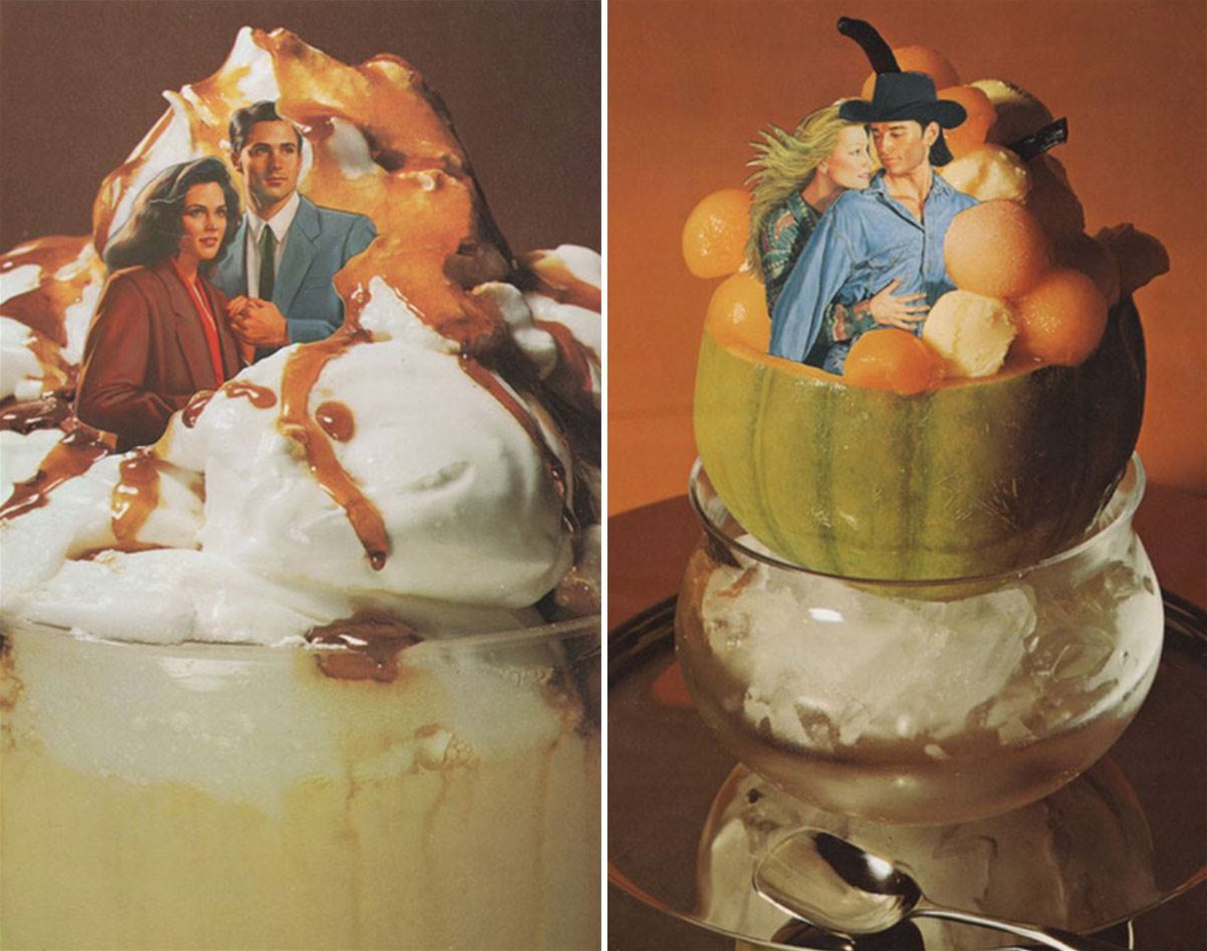 collages made from romance novels and cookbooks