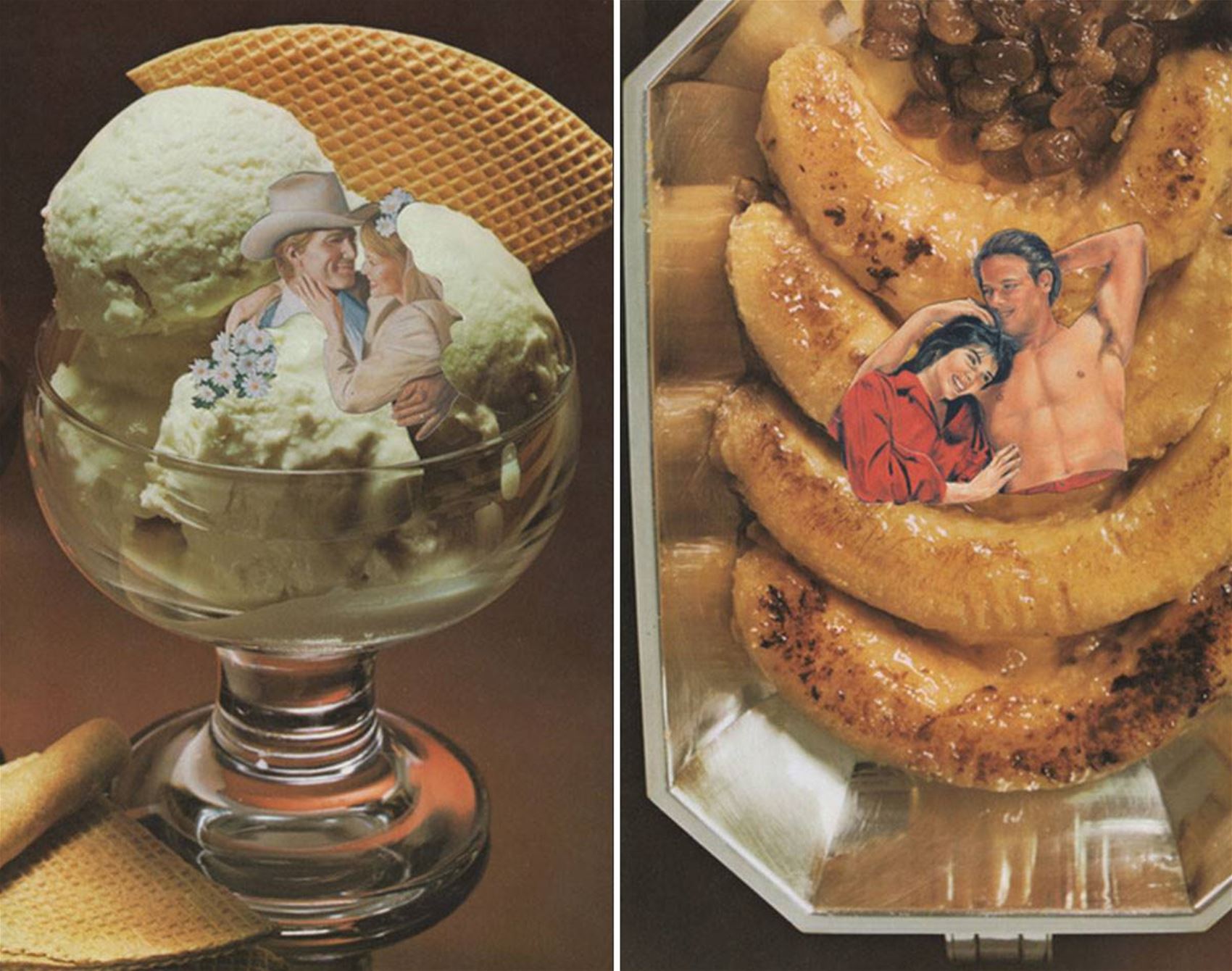 collages made from romance novels and cookbooks