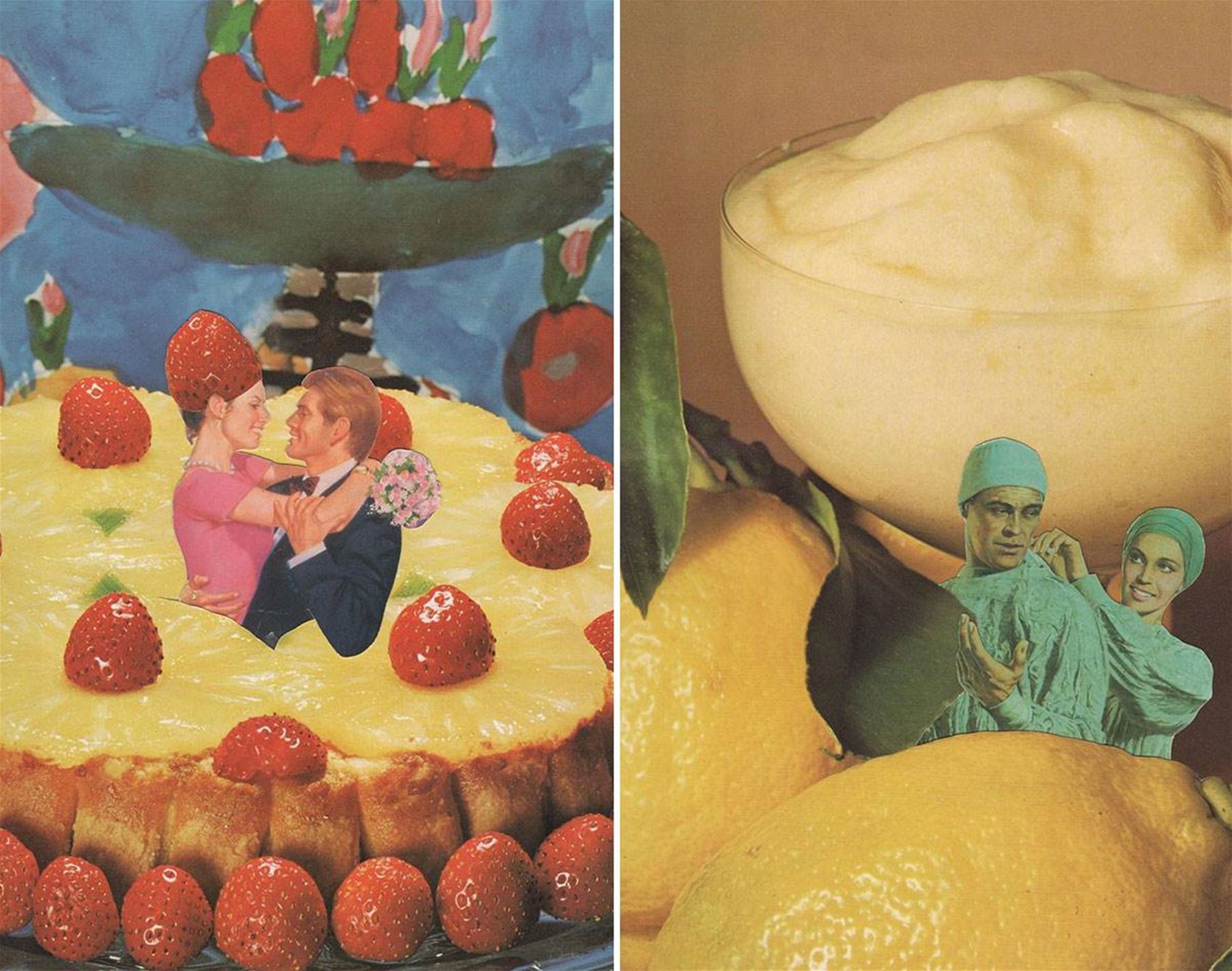 collages made from romance novels and cookbooks