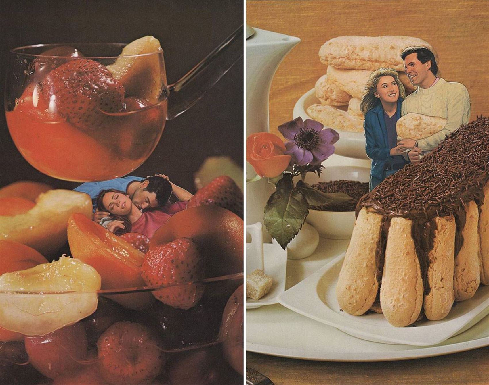collages made from romance novels and cookbooks