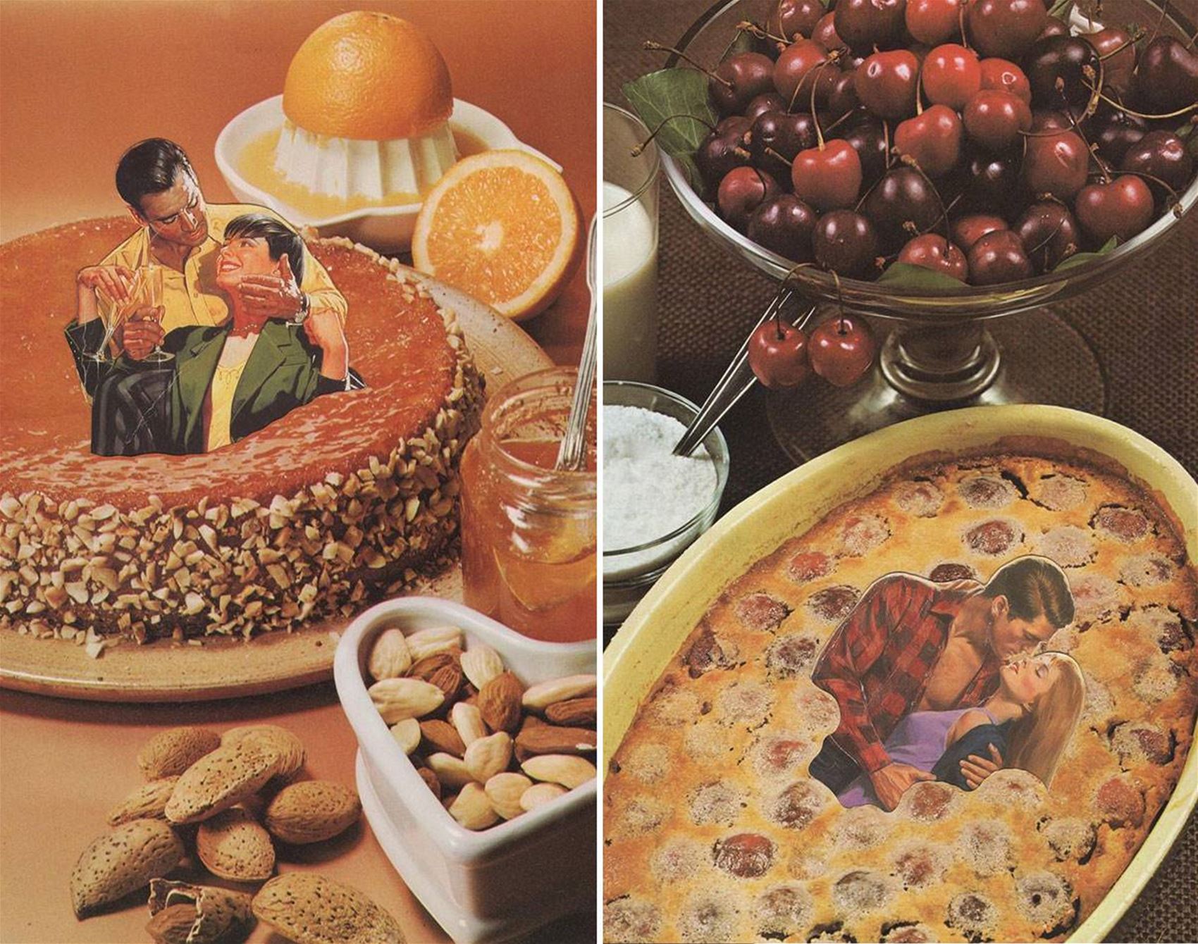 collages made from romance novels and cookbooks