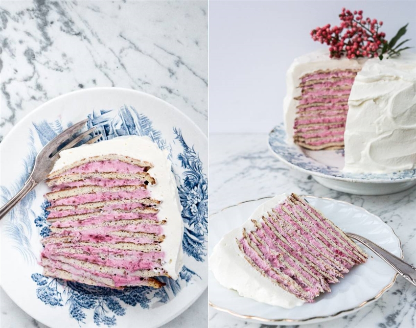 almond crepe cake with raspberry-rose cream