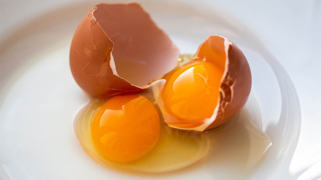 Cracked egg with yolks and whites on white plate, close-up of raw eggs Cracked egg with yolks and whites on white plate, close-up of raw eggs