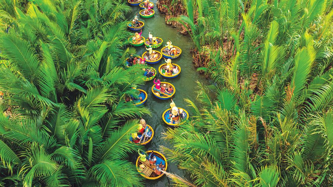 Round basket boats in a lush green canal in Hoi An, Central Vietnam Round basket boats in a lush green canal in Hoi An, Central Vietnam