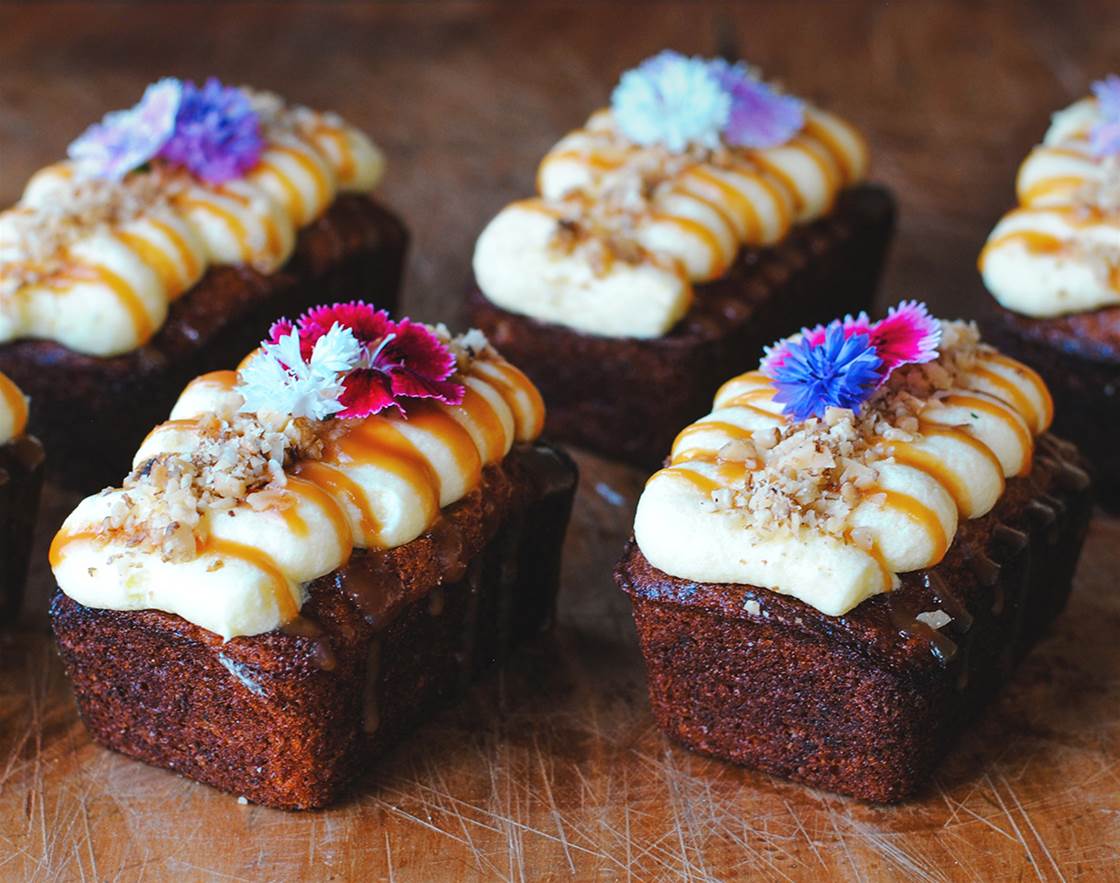 mini hummingbird loaves with cream cheese icing and salted caramel sauce