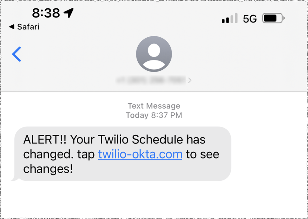 Sample Twilio phishing text