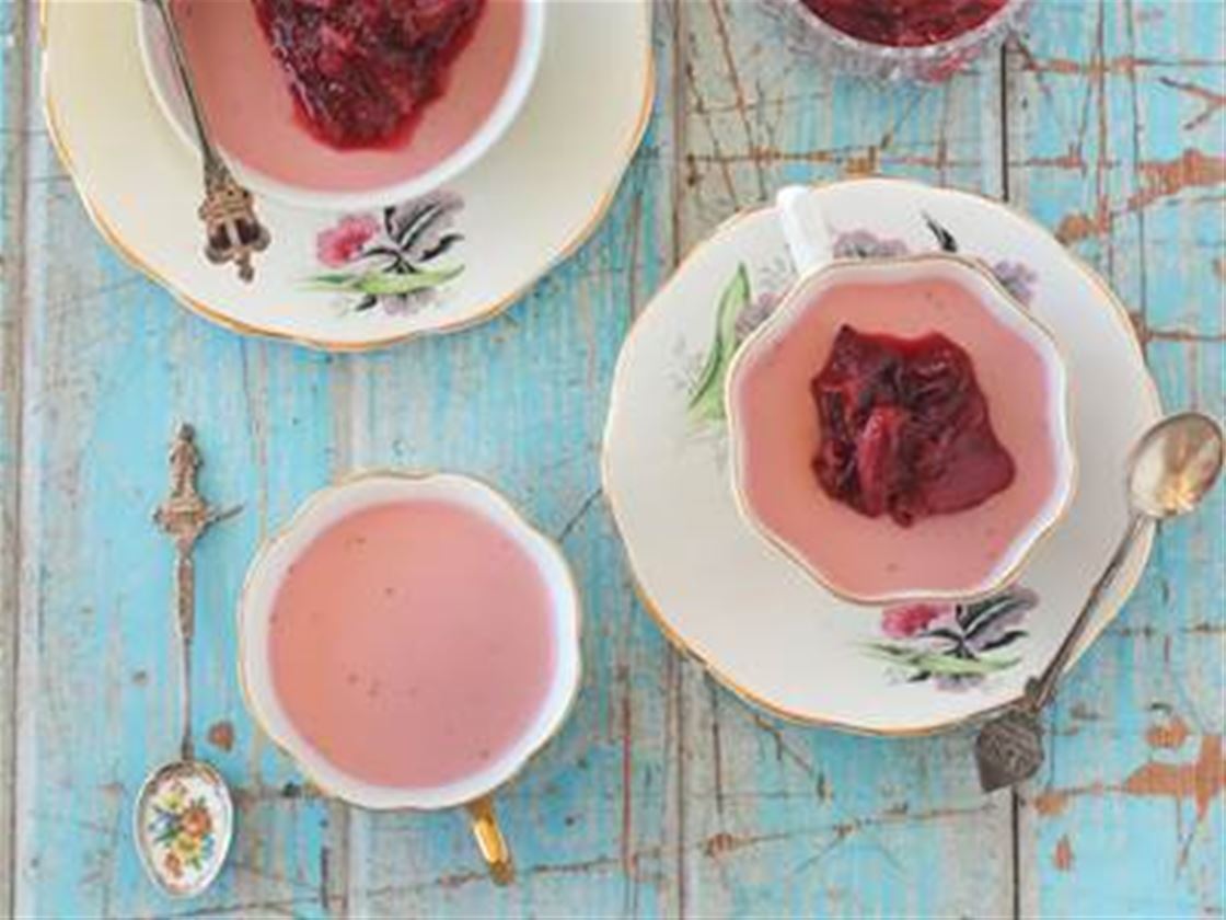 strawberry panna cotta with roasted rhubarb strawberry panna cotta with roasted rhubarb