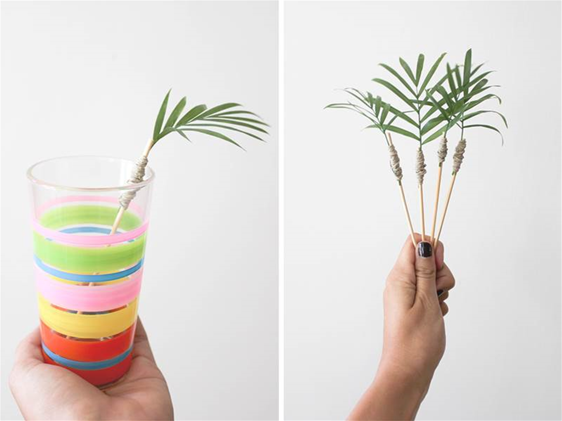 diy palm frond cocktail stirrers