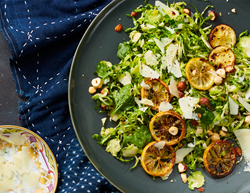 Shaved Brussels Sprout Salad with Hazelnuts, Grilled Lemon, and Pecorino