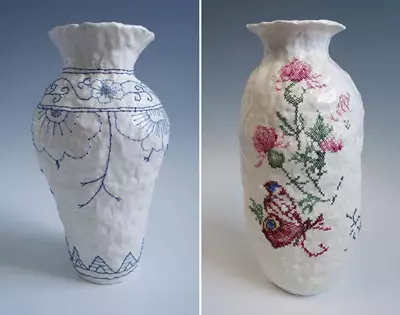 embroidered ceramics by caroline harrius