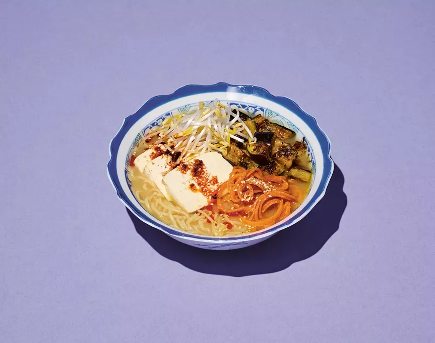 full recipe – smoked tofu, miso-glazed carrots and eggplant ramen