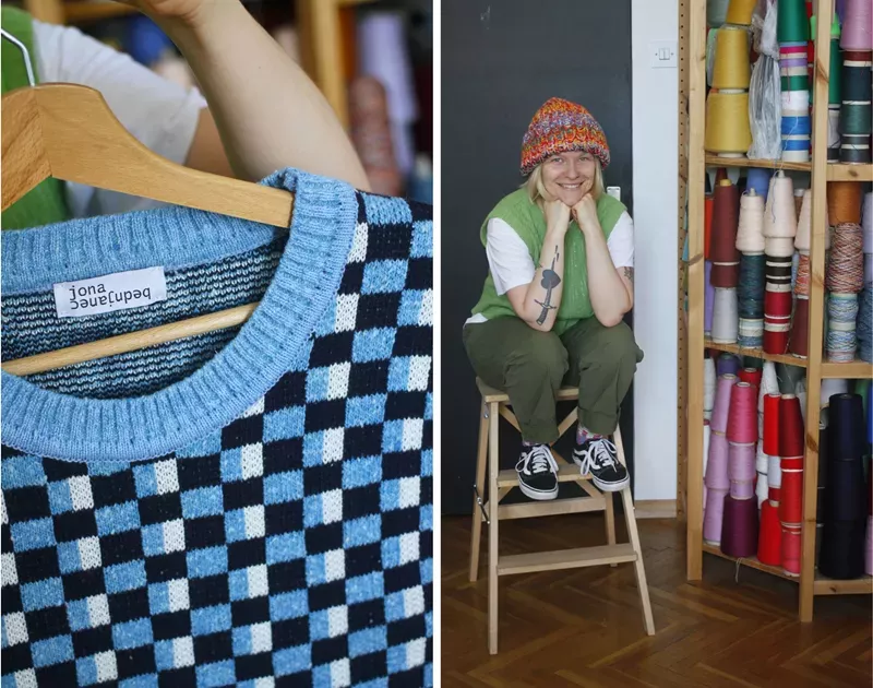 the designer making technicolour knitwear with leftover yarn