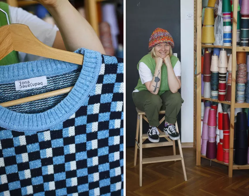 the designer making technicolour knitwear with leftover yarn